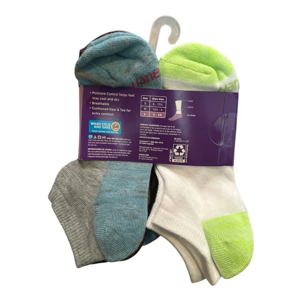 Hanes Girls’ No Show Socks – 12 Pairs, Size 4-10 (L), Multi-Color, NWT
